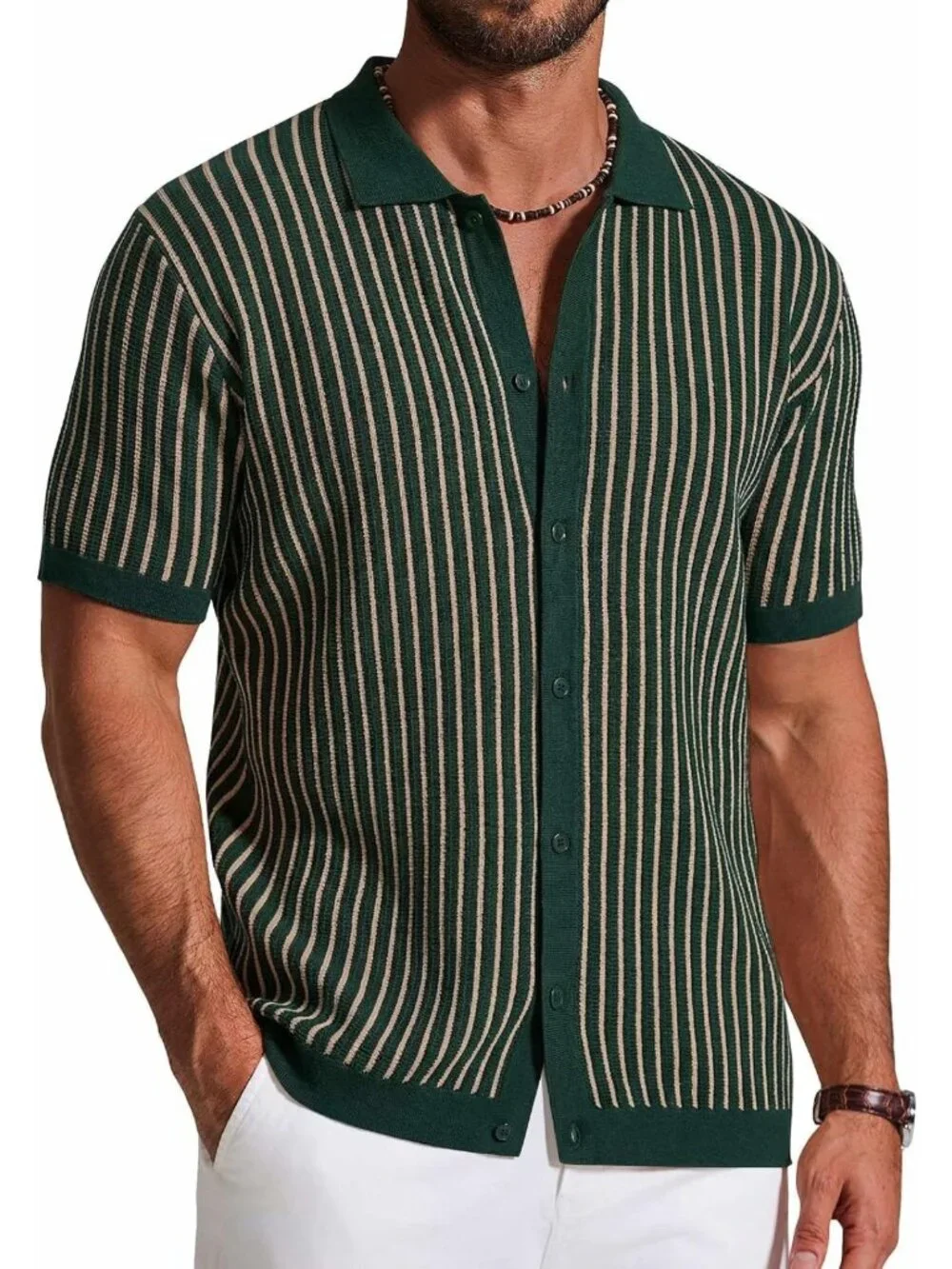 Vintage Striped Short Sleeve Knit Polo Shirt for Men | Casual Button Down Top